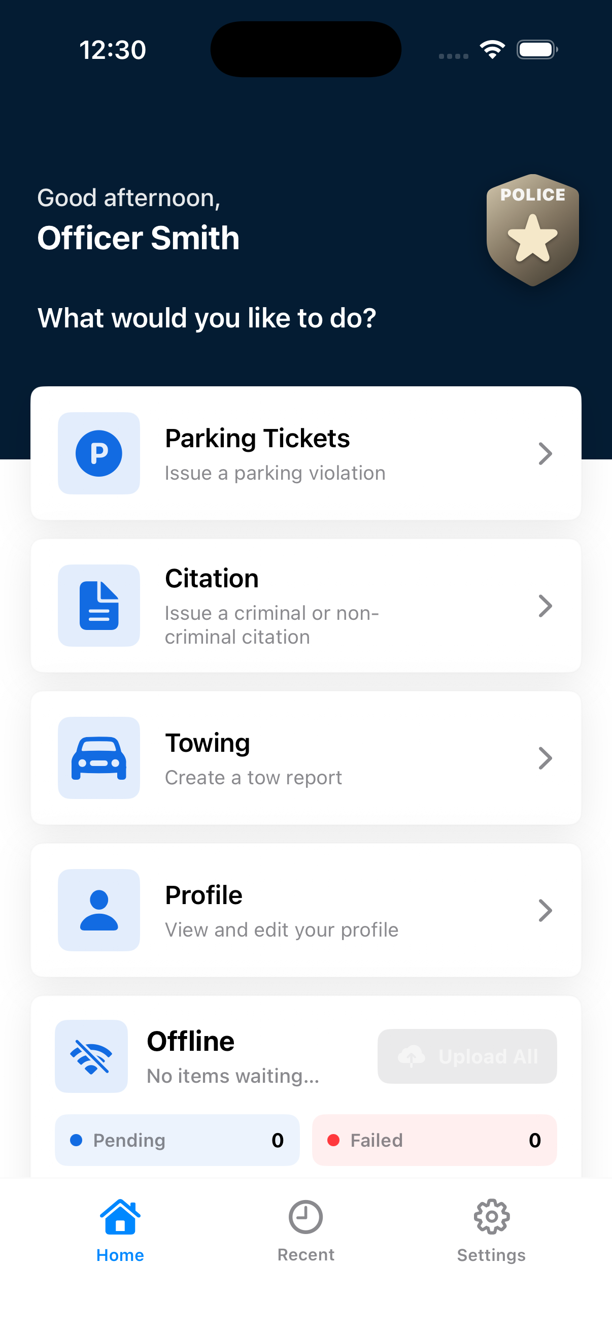 ECitation iPhone dashboard showing citation, parking, towing, and upload status