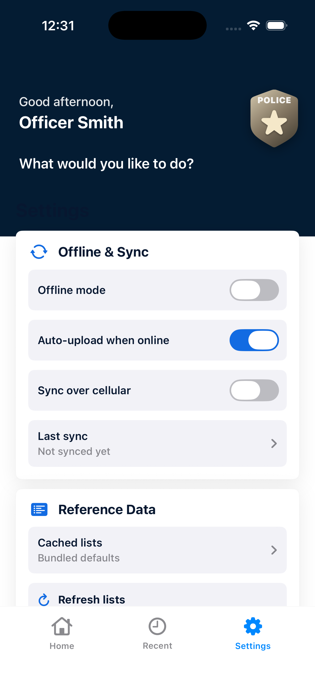 ECitation iPhone settings showing offline mode, automatic uploads, cellular sync, and cached reference data