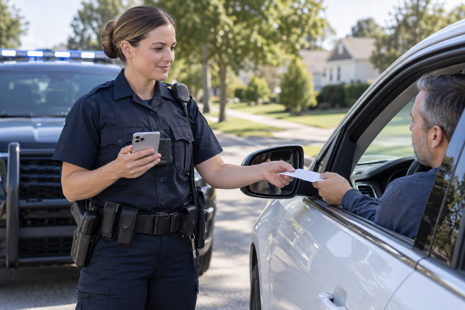 Illustration of an officer using a phone while handing a printed citation to a driver