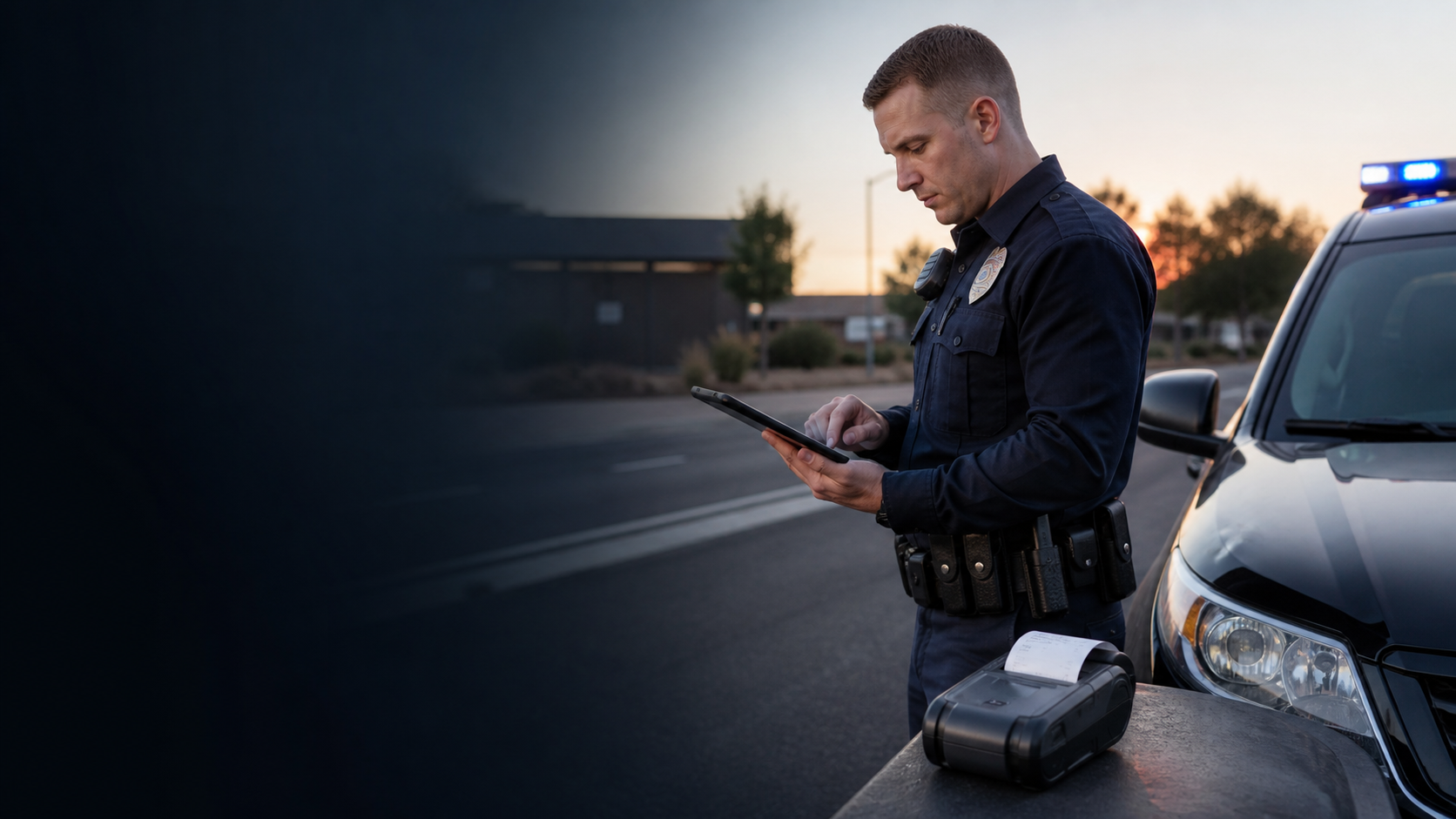 Illustration of an officer working beside a patrol vehicle with a mobile device and portable citation printer